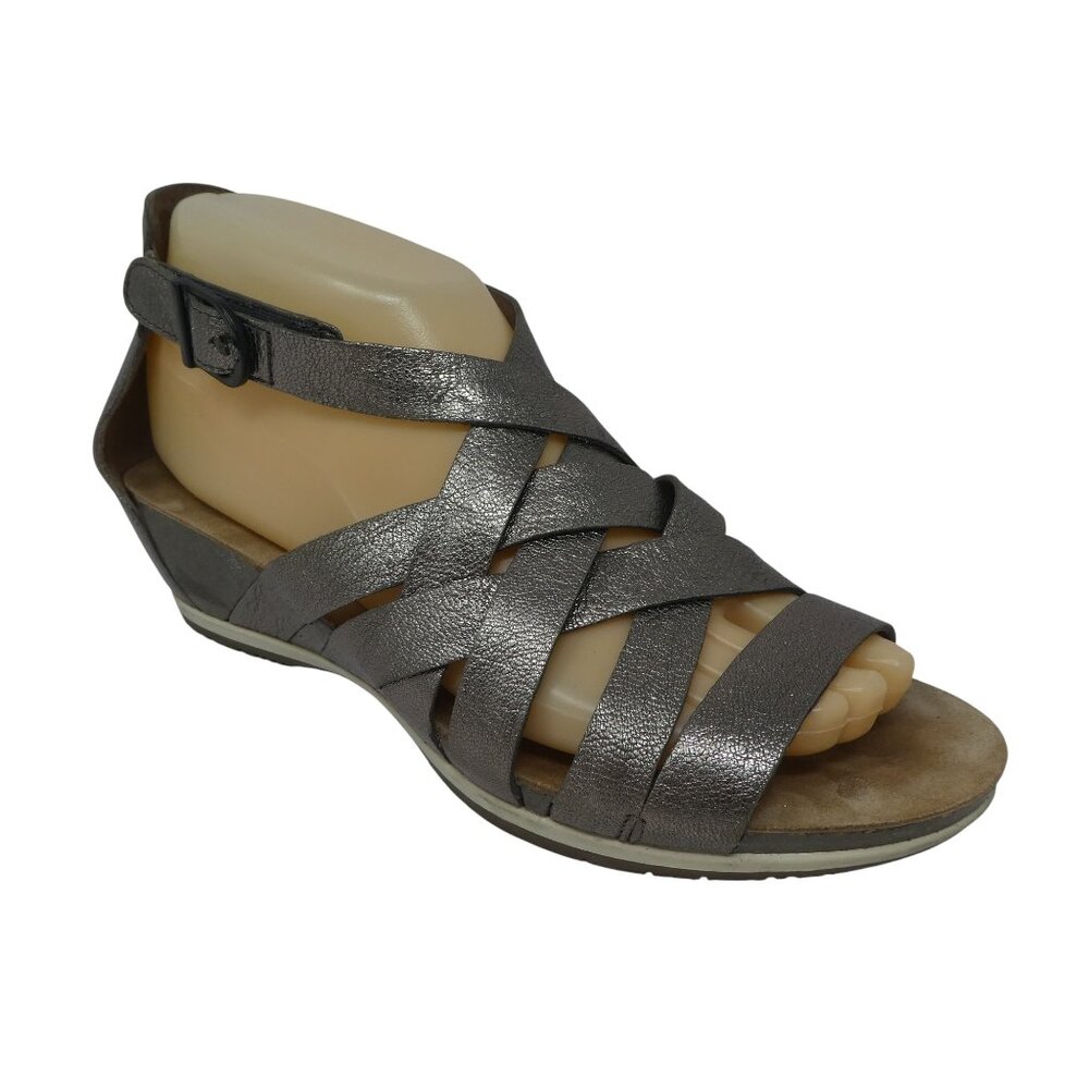 Dansko Viviam Pewter Silver Metallic Leather Open Toe Strappy Wedge Sandals